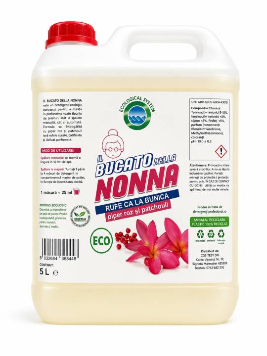 Detergent ecologic Bucato della nona pentru rufe 5L, parfum piper roz